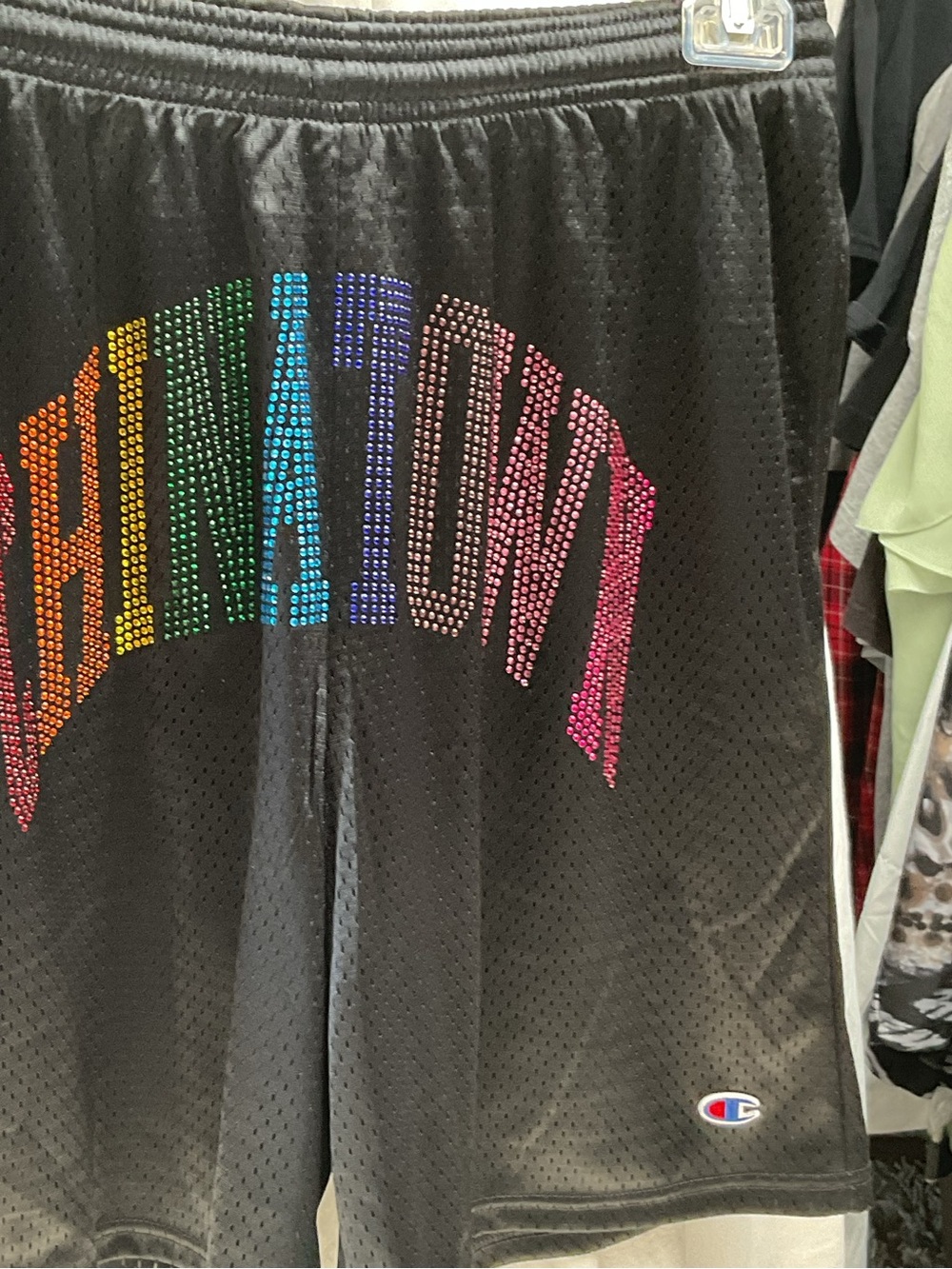 CHINA TOWN  Black Mesh Shorts with Rainbow Crystal Logo Arch